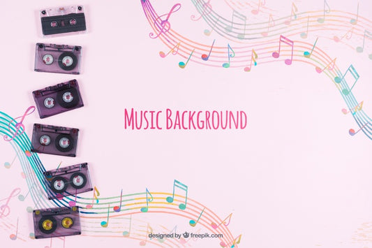 Free Music Tapes Aligned On Table With Musical Background Psd