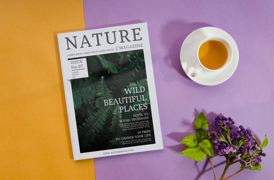Free Nature Magazine Next To Coffee Cup And Lavender Psd