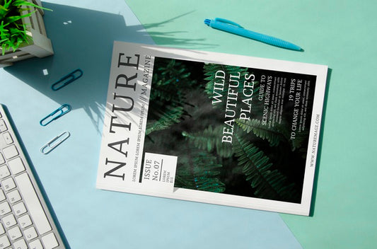 Free Nature Magazine Next To Keyboard Mock Up Psd