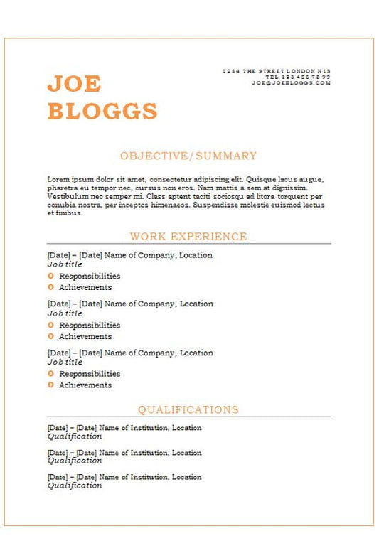 Free Neat Orange Text Only CV Resume Template in Microsoft Word (DOCX) Format