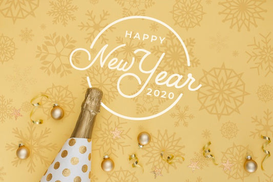 Free New Year 2020 With Golden Bottle Of Champagne And Christmas Balls Psd