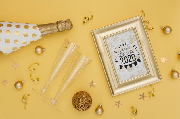 Free New Year 2020 With Golden Bottle Of Champagne And Glasses Psd