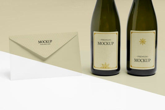 Free New Year Envelope And Champagne Bottles Mock-Up Psd