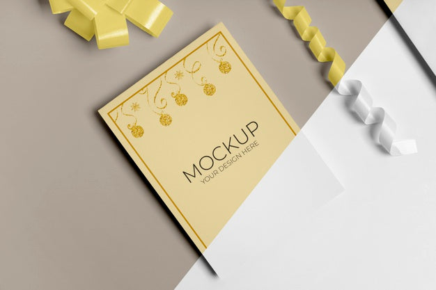 Free New Year Invitation Mock-Up With Ribbon High View Psd