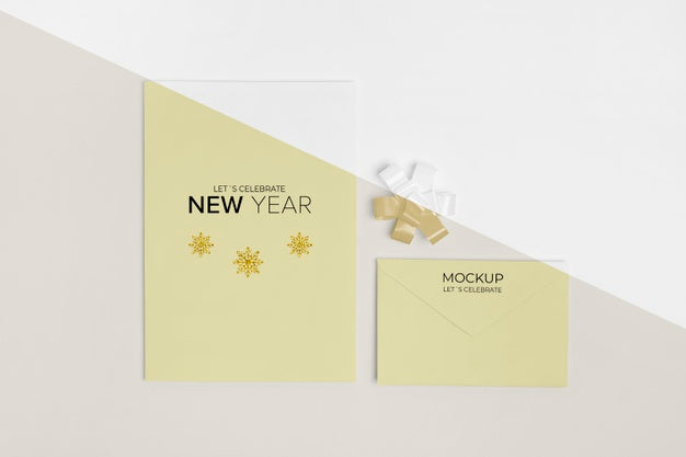 Free New Year Invitation Mock-Up With Ribbon Top View Psd