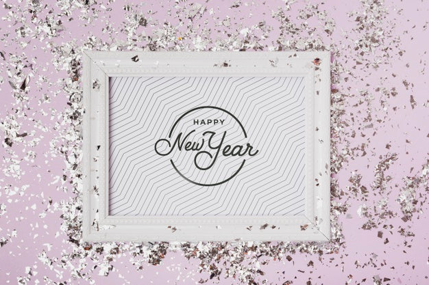 Free New Year Lettering On Frame Mock-Up With Confetti Psd