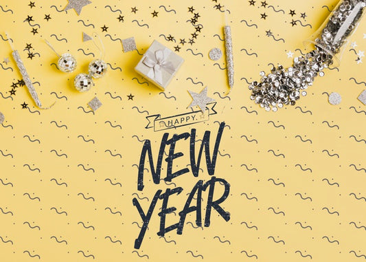 Free New Year Lettering With Festive Decoration Psd