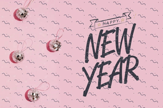 Free New Year Lettering With Little Disco Balls Ornaments Psd