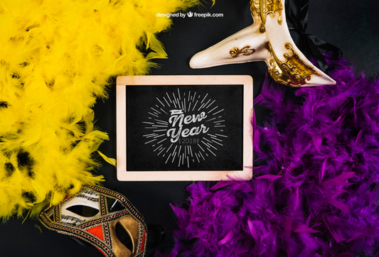 Free New Year Mockup With Slate And Masks Psd