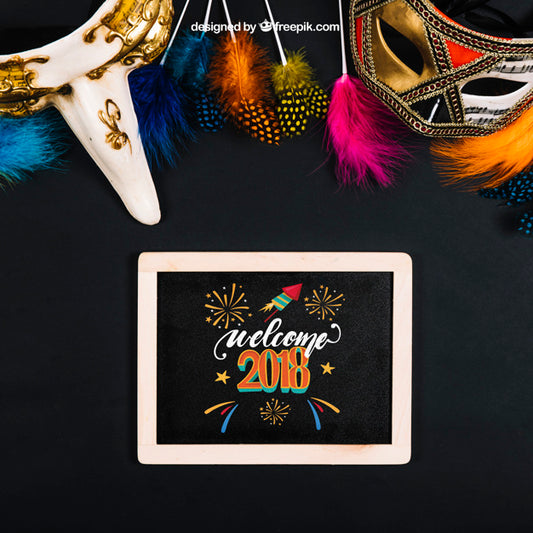 Free New Year Mockup With Slate And Party Elements Psd