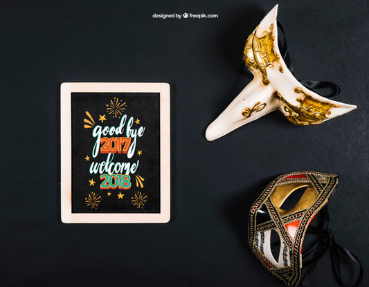 Free New Year Mockup With Slate And Two Masks Psd