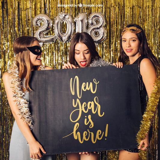 Free New Year Mockup With Three Girls And Board Psd