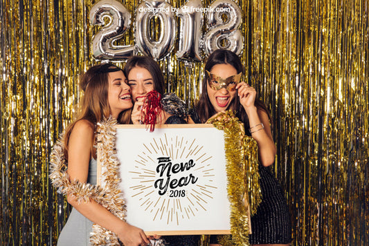 Free New Year Mockup With Three Girls Psd