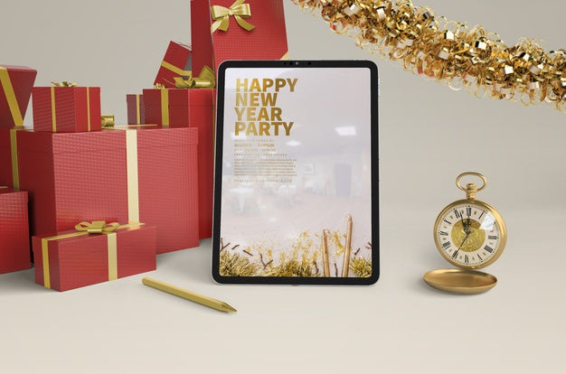 Free New Year Presents With Ipad Mock-Up Psd