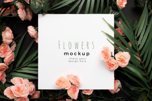 Free Nice Mockup Template With Palm Leaves With Pink Flowers Background Psd