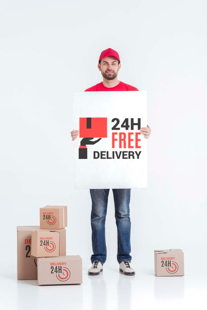Free Non-Stop Delivery Holding A Mock-Up Psd