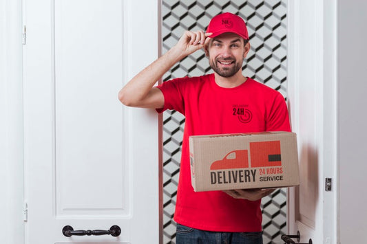 Free Non-Stop Delivery Standing Next To A Door Psd