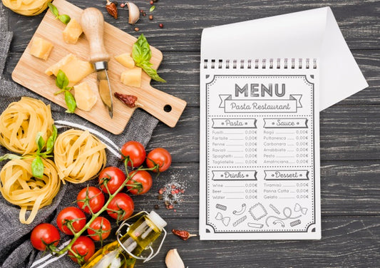 Free Notebook And Italian Food Assortment Psd