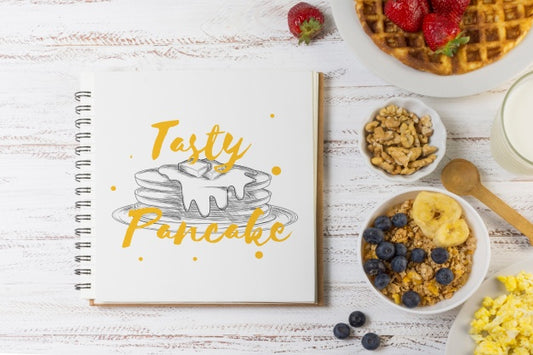 Free Notebook Mockup With Breakfast Concept Psd