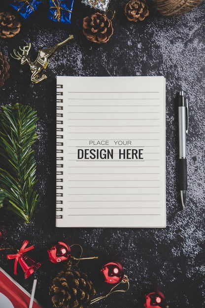 Free Notebook Mockup With Christmas Decoration Psd