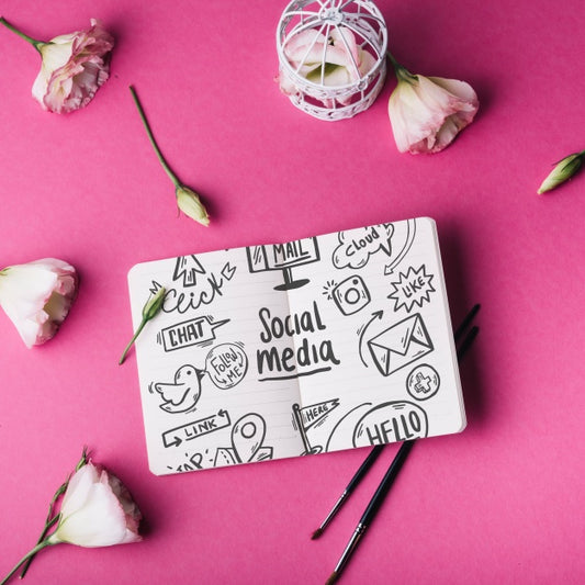 Free Notebook Mockup With Roses Psd