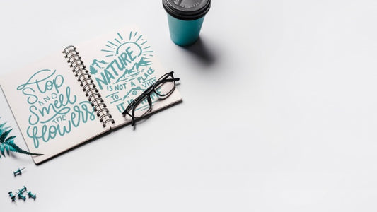 Free Notebook Mockup With Take Away Coffee Cup Psd