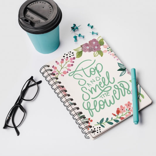 Free Notebook Mockup With Take Away Coffee Cup Psd