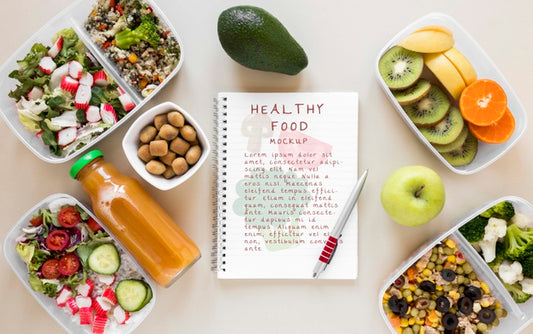 Free Notebook Surrounded By Healthy Food Psd