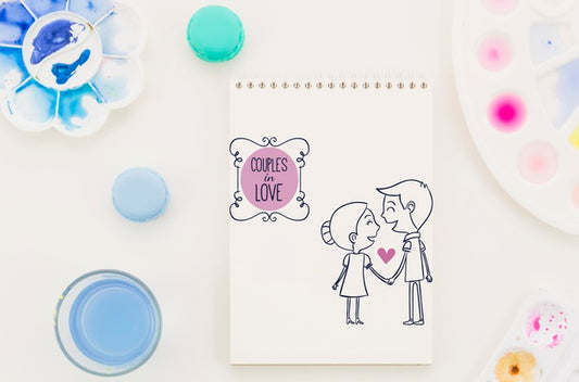 Free Notebook With Couple In Love Drawing Psd