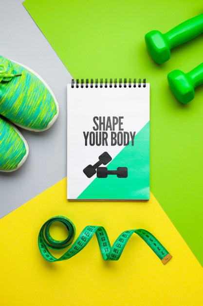 Free Notebook With Fitness Shoes And Weights Psd