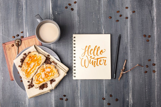 Free Notebook With Hello Winter Message Beside Breakfast Psd