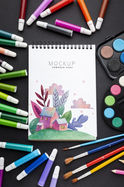 Free Notebook With Markers And Brushes Frame Psd
