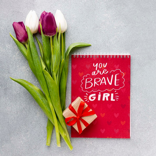 Free Notebook With Tulips Bouquet And Gift Psd