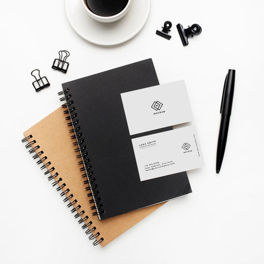 Free Notebooks And Visit Card Mockup With Black And White Elements On White Background Psd