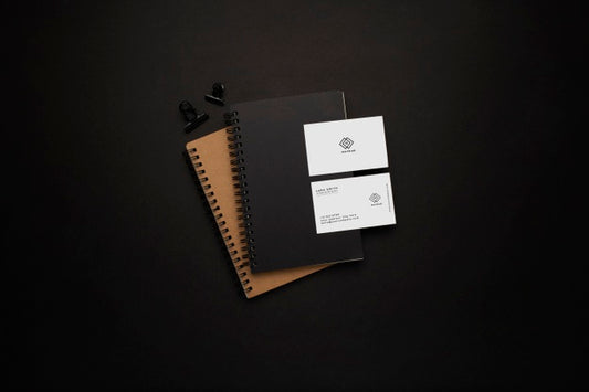 Free Notebooks And Visit Card Mockup With Black Element On Black Background Psd