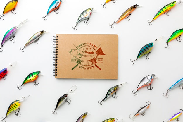 Free Notepad Mock-Up Surrounded By Fish Bait Psd