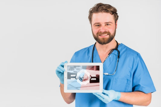 Free Nurse Holding Tablet Mockup For Labor Day Psd