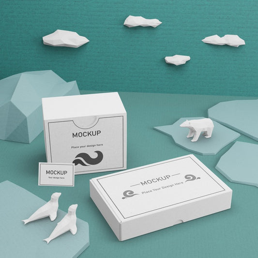 Free Ocean Day Cardboard Boxes And Sea Life With Mock-Up Psd