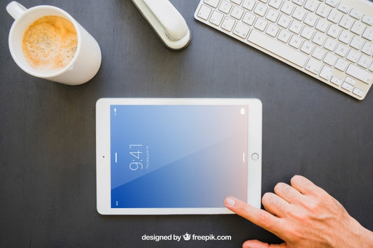 Free Office Desk And Finger Touching Horizontal Tablet Psd