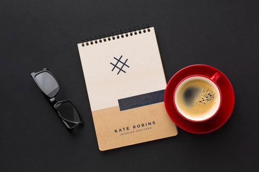 Free Office Desk With Coffee, Eyeglasses And Notebook Mock-Up Psd
