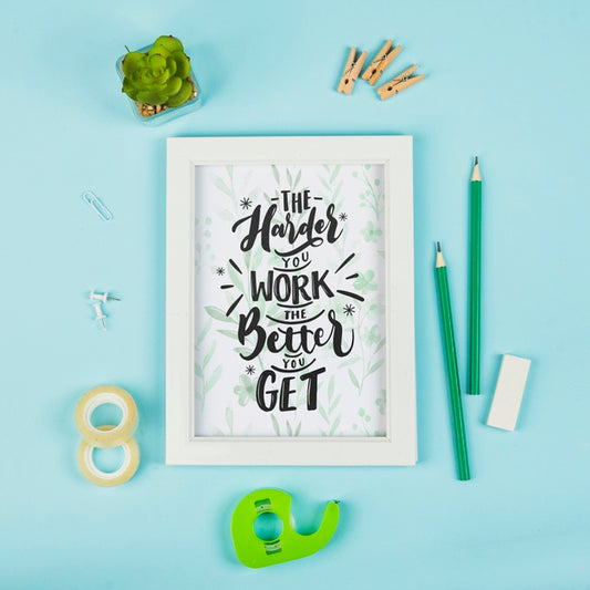 Free Office Desk With Positive Message On Frame Psd