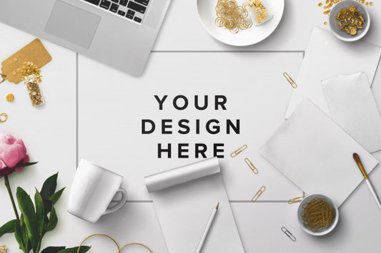 Free Office Desktop Mockup With Laptop And Papers Psd