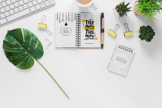 Free Office Plants Keyboard And Notebook Mock-Up Psd