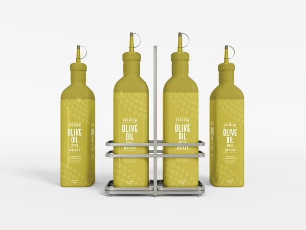Free Olive Oil Bottle Packaging With Holder Mockup Psd