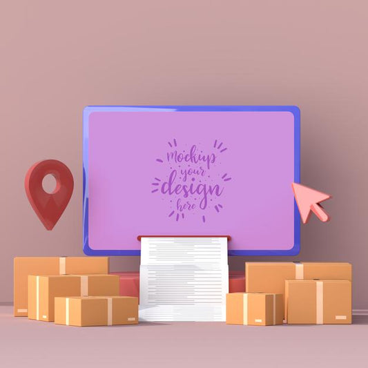 Free Online Delivery With Computer Mockup Template With Delivery Package Psd