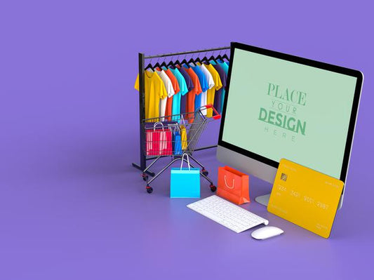Free Online Shopping With Computer Mockup Template And Shopping Elements Psd