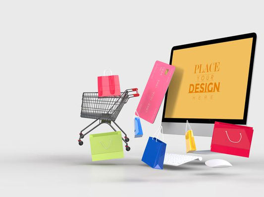 Free Online Shopping With Computer Mockup Template And Shopping Elements Psd