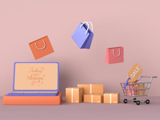 Free Online Shopping With Laptop Mockup Template And Shopping Elements Psd