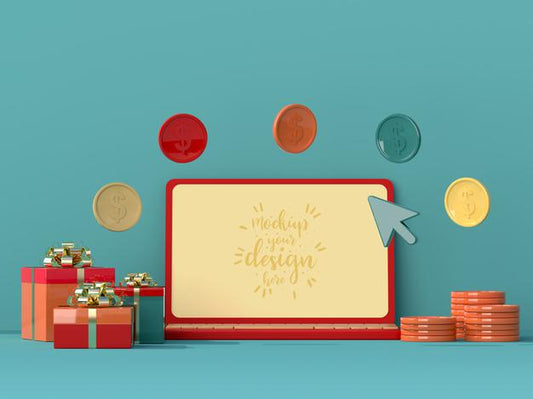 Free Online Shopping With Laptop Mockup Template And Shopping Elements Psd