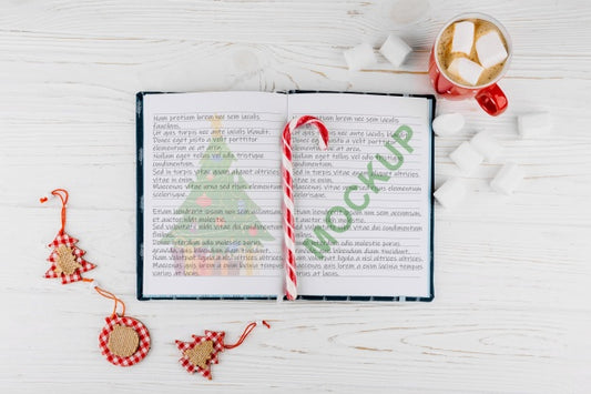 Free Open Book Mockup With Christmas Decoration Psd